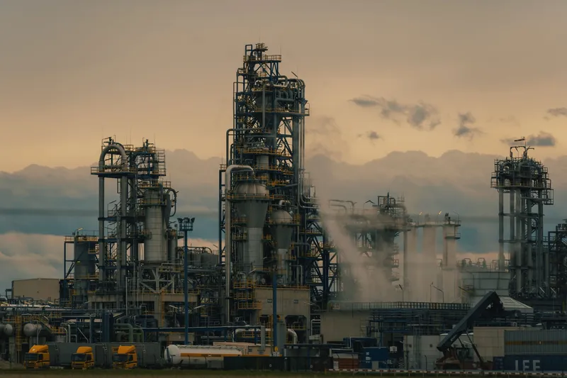 Torres de proceso de refinería con vapor al atardecer